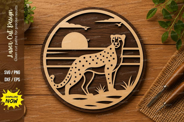 Cheetah Sunset SVG | Wildlife Laser Cut File | Glowforge CNC DXF PNG EPS SVG Regulrcrative 