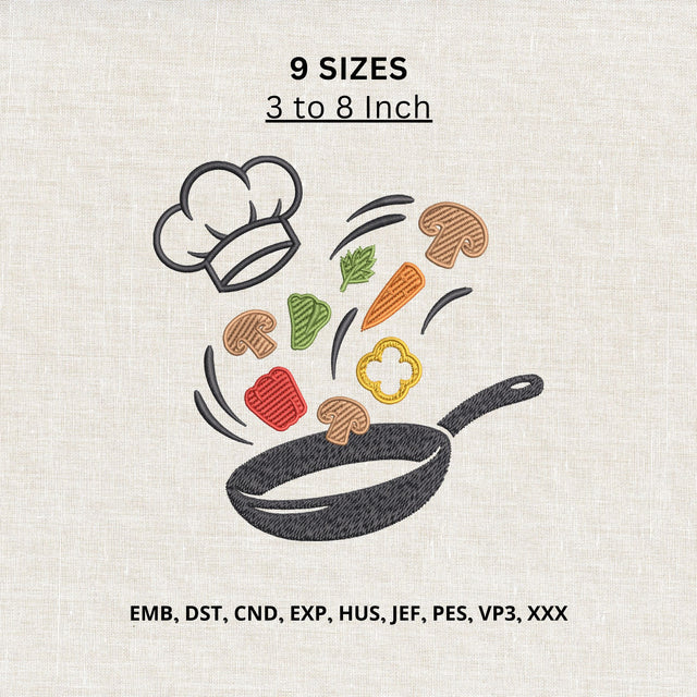 Chef Cooking Pan & Vegetables Machine Embroidery Design – Kitchen Cooking Embroidery File Embroidery/Applique DESIGNS PatternFeed8 