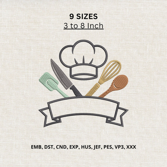 Chef Hat & Kitchen Utensils Machine Embroidery Design – Cooking Banner Embroidery File Embroidery/Applique DESIGNS PatternFeed8 