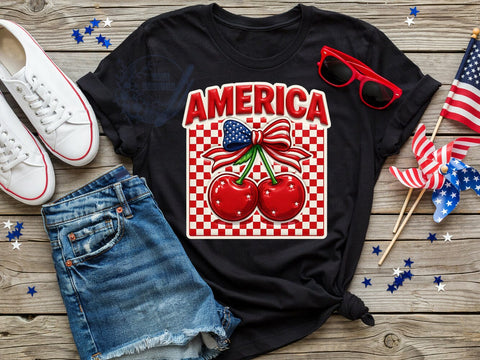Cherry America Coquette T-Shirt PNG, Cherry America, Coquette Style, Patriotic Vibes, Sweet Fashion, Sublimation PNG, Statement Shirt, Holiday Apparel Sublimation ToriDesigns 