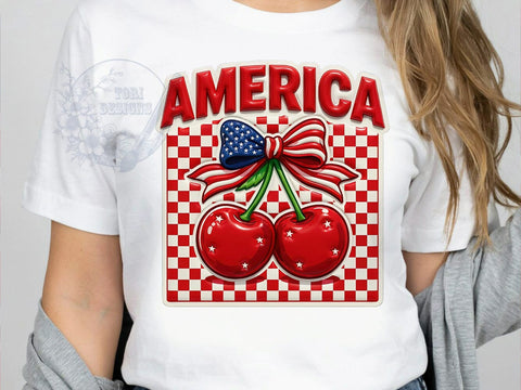 Cherry America Coquette T-Shirt PNG, Cherry America, Coquette Style, Patriotic Vibes, Sweet Fashion, Sublimation PNG, Statement Shirt, Holiday Apparel Sublimation ToriDesigns 