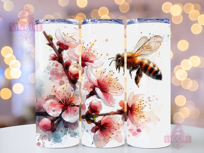 Cherry Blossom and Bee 20oz Tumbler Wrap Sublimation Design, Straight Tapered Tumbler Wrap, Cherry Blossom Tumbler Png, Instant Digital Download Sublimation SvggirlplusArt 