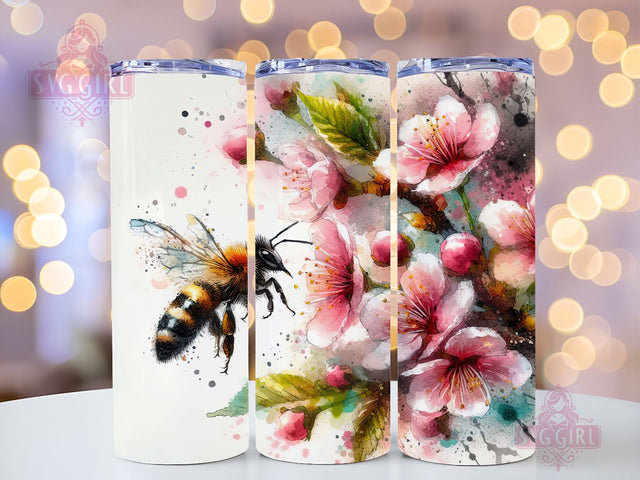 Cherry Blossom and Bee 20oz Tumbler Wrap Sublimation Design, Straight Tapered Tumbler Wrap, Cherry Blossom Tumbler Png, Instant Digital Download Sublimation SvggirlplusArt 