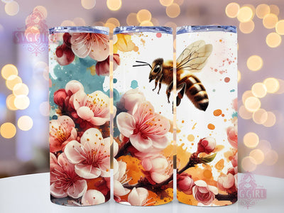 Cherry Blossom and Bee 20oz Tumbler Wrap Sublimation Design, Straight Tapered Tumbler Wrap, Cherry Blossom Tumbler Png, Instant Digital Download Sublimation SvggirlplusArt 