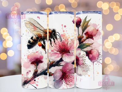 Cherry Blossom and Bee 20oz Tumbler Wrap Sublimation Design, Straight Tapered Tumbler Wrap, Cherry Blossom Tumbler Png, Instant Digital Download Sublimation SvggirlplusArt 
