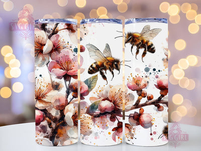 Cherry Blossom and Bee 20oz Tumbler Wrap Sublimation Design, Straight Tapered Tumbler Wrap, Cherry Blossom Tumbler Png, Instant Digital Download Sublimation SvggirlplusArt 