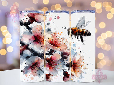Cherry Blossom and Bee 20oz Tumbler Wrap Sublimation Design, Straight Tapered Tumbler Wrap, Cherry Blossom Tumbler Png, Instant Digital Download Sublimation SvggirlplusArt 
