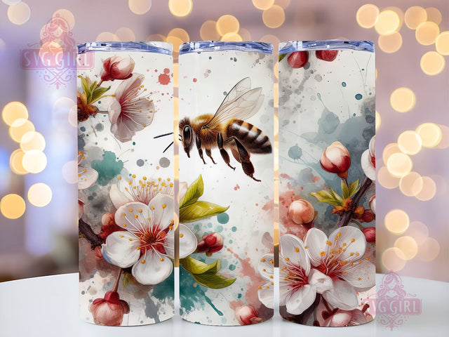 Cherry Blossom and Bee 20oz Tumbler Wrap Sublimation Design, Straight Tapered Tumbler Wrap, Cherry Blossom Tumbler Png, Instant Digital Download Sublimation SvggirlplusArt 