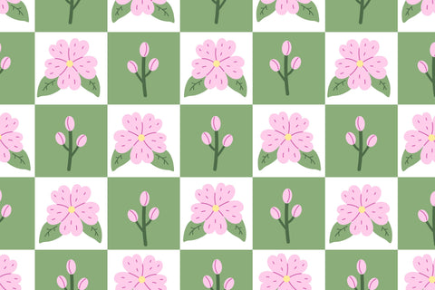 Cherry Blossom Checkered Seamless Pattern Digital Pattern Rin Green 