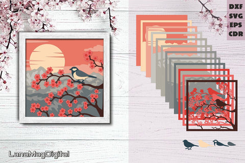 Cherry blossom shadow box Layered sakura svg Layered Bird svg 3D Paper LanaMagDigital 