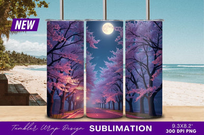 Cherry Blossom Street Under Moonlight Scene Sublimation Regulrcrative 