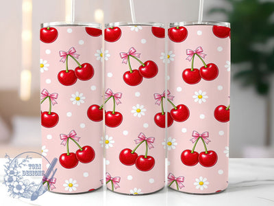 Cherry Bow Daisy 20oz Tumbler, Cherry Motif, Bow Design, Daisy Floral, Whimsical Charm, Playful Style, 20oz Wrap, Sublimation Tumbler Sublimation ToriDesigns 