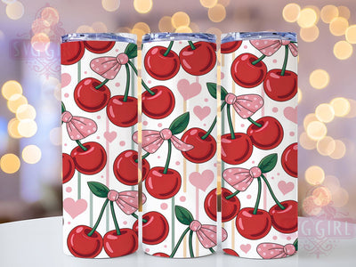 Cherry Bow Delight 20oz Tumbler, Cherry Motif, Bow Design, Delight Theme, Cute Aesthetic, Playful Style, Skinny Tumbler, Sublimation PNG Sublimation SvggirlplusArt 