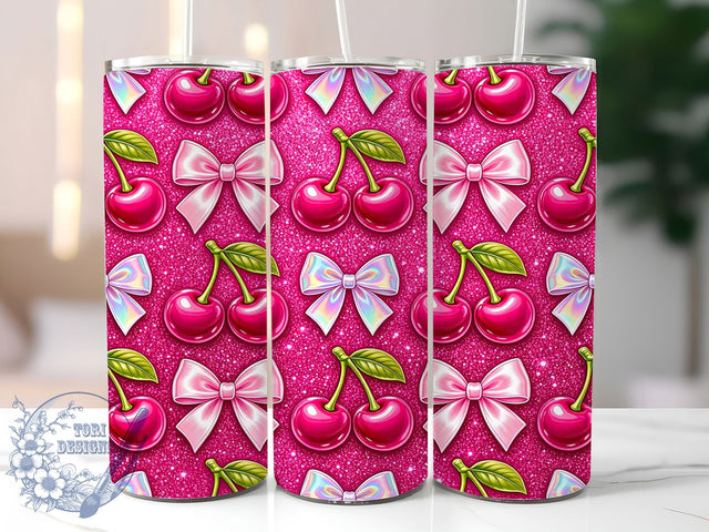 Cherry Bow Glitter 20oz Tumbler, Sweet Fruit, Sparkly Red, Girly Design, Kawaii Food, Shimmering Art, Playful Pattern, Sublimation Wrap Sublimation ToriDesigns 