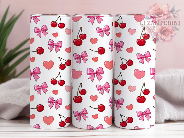 Cherry Bow Heart Pattern 20oz Tumbler, Cherry Design, Bow Pattern, Heart Motif, Sublimation Wrap, 20oz Tumbler, Cute Aesthetic, Romantic Style Sublimation Li Zamperini 