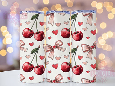 Cherry Bow Hearts 20oz Tumbler, Cherry Motif, Bow Design, Heart Pattern, Cute Aesthetic, Playful Style, Skinny Tumbler, Sublimation PNG Sublimation SvggirlplusArt 