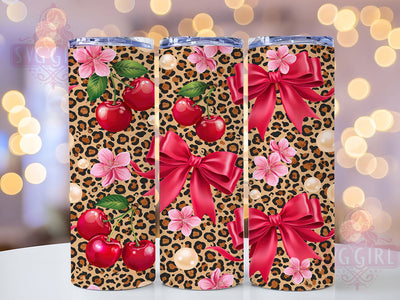 Cherry Bow Leopard 20oz Tumbler Wrap, Cherry Motif, Bow Accent, Leopard Print, Bold Pattern, Whimsical Charm, Skinny Tumbler, Sublimation PNG Sublimation SvggirlplusArt 