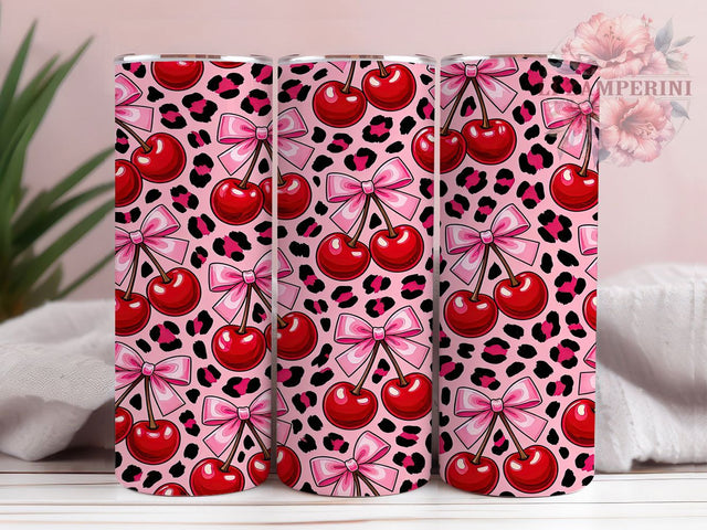 Cherry Bow Leopard Glow 20oz Tumbler, Cherry Motif, Bow Accent, Leopard Print, Glow Effect, Bold Charm, Skinny Tumbler, Sublimation PNG Sublimation Li Zamperini 