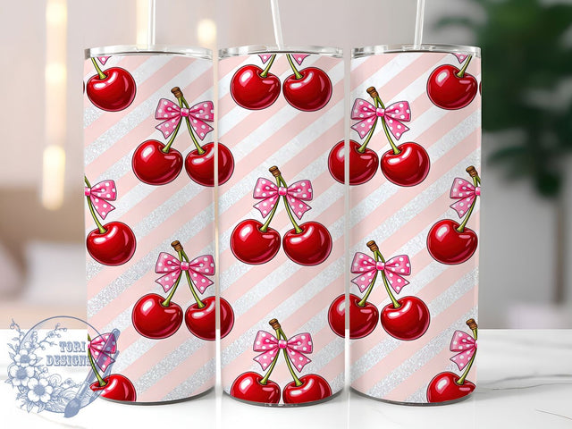 Cherry Bow Sparkle 20oz Tumbler, Cherry Motif, Bow Design, Sparkle Effect, Cute Aesthetic, Playful Style, Skinny Tumbler, Sublimation PNG Sublimation ToriDesigns 