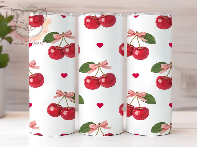 Cherry Bow Valentine 20oz Tumbler, Cherry Motif, Bow Design, Valentine Theme, Romantic Pattern, Whimsical Charm, Skinny Tumbler, Sublimation PNG Sublimation Lara' s Designs 