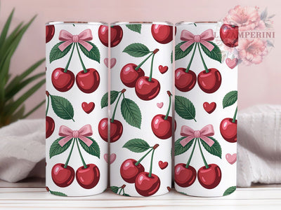 Cherry Bow Valentine Tumbler, Pink Bow Wrap, Cute Bow Heart Cup, 20oz Sublimation Wrap, Stylish Valentine Design Tumbler, Artistic Cherry Bow Cup, Whimsical Love Theme Wrap Sublimation Li Zamperini 