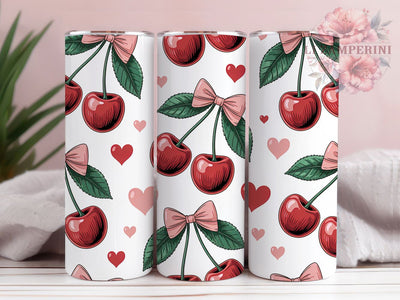 Cherry Bow Valentine Tumbler, Pink Bow Wrap, Cute Bow Heart Cup, 20oz Sublimation Wrap, Stylish Valentine Design Tumbler, Artistic Cherry Bow Cup, Whimsical Love Theme Wrap Sublimation Li Zamperini 