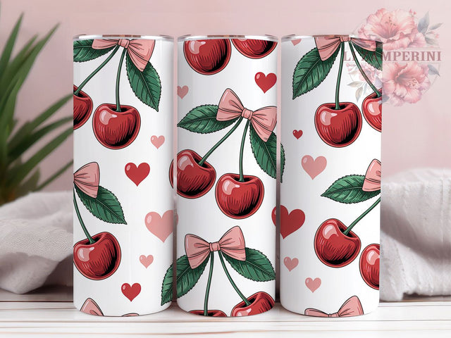 Cherry Bow Valentine Tumbler, Pink Bow Wrap, Cute Bow Heart Cup, 20oz Sublimation Wrap, Stylish Valentine Design Tumbler, Artistic Cherry Bow Cup, Whimsical Love Theme Wrap Sublimation Li Zamperini 