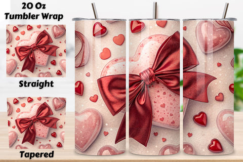 Cherry Bow Valentine Tumbler Wrap - 20oz Skinny Sublimation Design - Romantic Watercolor Hearts PNG - Straight & Tapered Digital Download Sublimation FloridPrintables 
