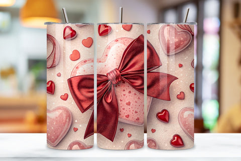 Cherry Bow Valentine Tumbler Wrap - 20oz Skinny Sublimation Design - Romantic Watercolor Hearts PNG - Straight & Tapered Digital Download Sublimation FloridPrintables 
