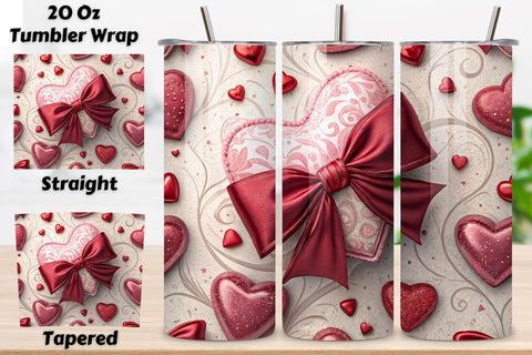 Cherry Bow Valentine Tumbler Wrap | 20oz Skinny Sublimation, Romantic Watercolor Hearts PNG - Straight & Tapered Digital Download Sublimation FloridPrintables 