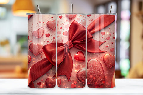 Cherry Bow Valentine Tumbler Wrap, Romantic Watercolor Heart Sublimation FloridPrintables 