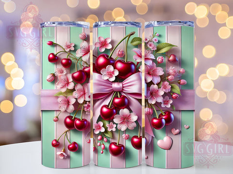 Cherry Coquette 3D 20oz Tumbler, Coquette Tumbler Design, 3D Tumbler Sublimation, Valentine's Day Tumbler, Cherry Bow Design, Ribbon Tumbler Wrap, Girly Tumbler Design Sublimation SvggirlplusArt 