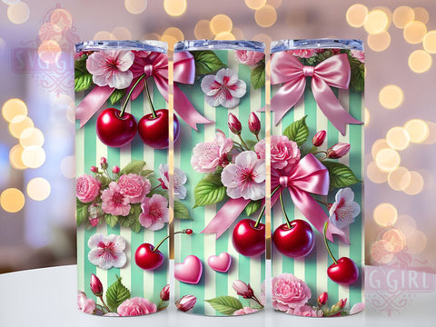 Cherry Coquette 3D 20oz Tumbler, Coquette Tumbler Design, 3D Tumbler Sublimation, Valentine's Day Tumbler, Cherry Bow Design, Ribbon Tumbler Wrap, Girly Tumbler Design Sublimation SvggirlplusArt 