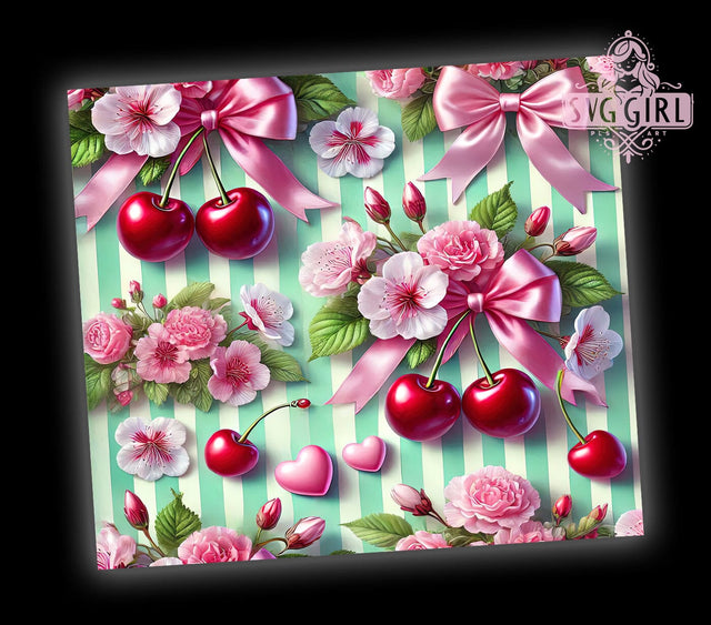 Cherry Coquette 3D 20oz Tumbler, Coquette Tumbler Design, 3D Tumbler Sublimation, Valentine's Day Tumbler, Cherry Bow Design, Ribbon Tumbler Wrap, Girly Tumbler Design Sublimation SvggirlplusArt 