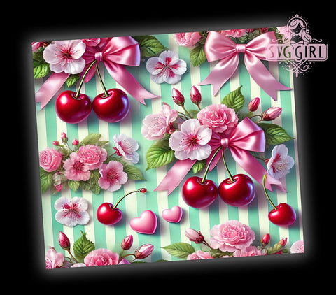 Cherry Coquette 3D 20oz Tumbler, Coquette Tumbler Design, 3D Tumbler Sublimation, Valentine's Day Tumbler, Cherry Bow Design, Ribbon Tumbler Wrap, Girly Tumbler Design Sublimation SvggirlplusArt 