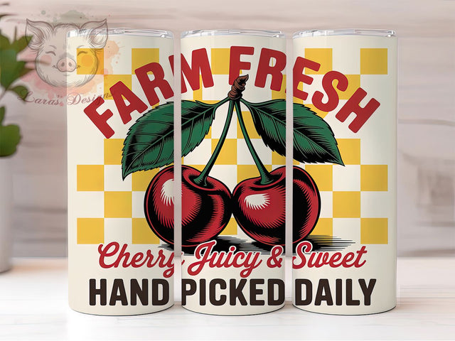 Cherry Farm Fresh Quote 20oz Tumbler, Farm Fresh Cherry Wrap, Juicy & Sweet Quote, Vintage Fruit Sublimation, Rustic Farm Design, 20oz Tumbler Wrap, Sublimation Design PNG, Cherry Lover Gift Sublimation Lara' s Designs 
