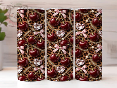 Cherry Gem Leopard Glow 20oz Tumbler, Cherry Motif, Gemstone Accent, Leopard Print, Glow Effect, Bold Charm, Skinny Tumbler, Sublimation PNG Sublimation Lara' s Designs 