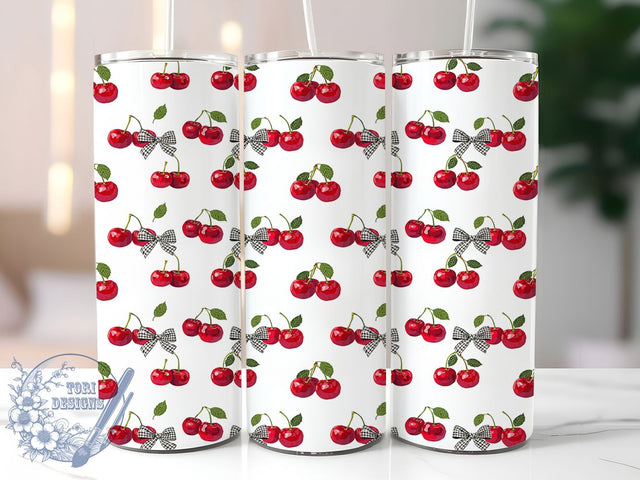 Cherry Gingham Bow 20oz Tumbler Wrap, Cherry Motif, Gingham Pattern, Bow Design, Retro Charm, Whimsical Style, Skinny Tumbler, Sublimation PNG Sublimation ToriDesigns 