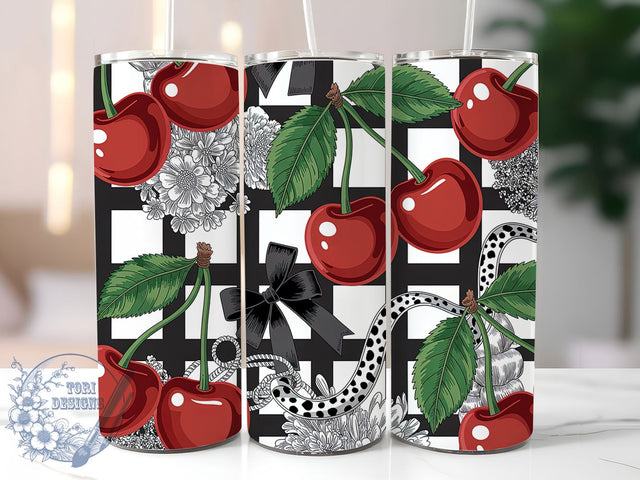 Cherry Gingham Leopard Bow Tumbler Wrap, Gingham Pattern, Leopard Bow, Retro Style, Cute Design, Tumbler Wrap, Sublimation Design Sublimation ToriDesigns 