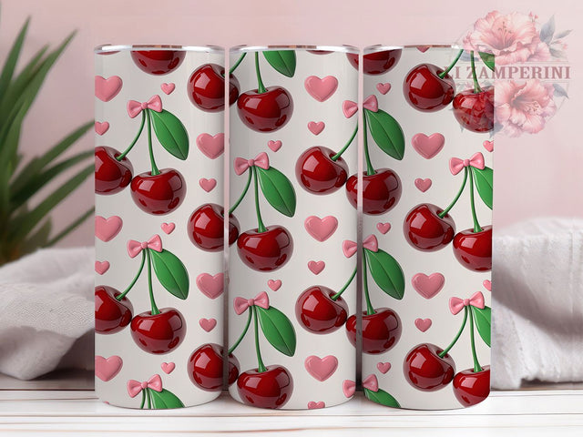 Cherry Heart Bow Glow 20oz Tumbler, Cherry Motif, Heart Design, Bow Accent, Glow Effect, Romantic Charm, Skinny Tumbler, Sublimation PNG Sublimation Li Zamperini 