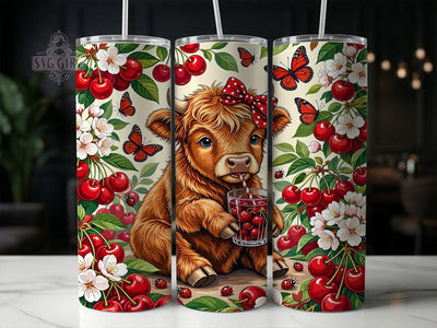 Cherry Highland Cow 20oz Tumbler, Cherry highland cow, Highland cow tumbler, 20oz skinny tumbler, Cute cow design, Sublimation tumbler wrap, Cherry fruit print, Highland cow pattern Sublimation SvggirlplusArt 