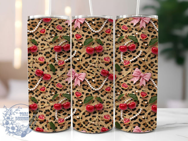 Cherry Jewelry Leopard Bow 20oz Tumbler, Cherry Motif, Jewelry Accent, Leopard Print, Bow Highlight, Sublimation Wrap, 20oz Tumbler, Chic Charm Sublimation ToriDesigns 