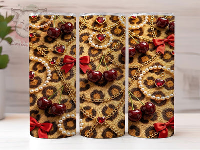 Cherry Leopard Glam Style 20oz Tumbler, Leopard Print, Luxurious Design, Animal Pattern, Glamorous Style, 20oz Tumbler Wrap, Sublimation PNG Sublimation Lara' s Designs 