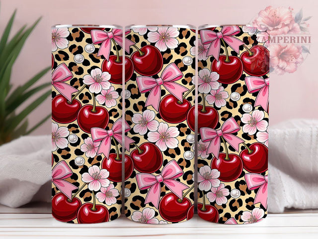 Cherry Leopard Luxe 20oz Tumbler, Cherry Motif, Leopard Print, Luxury Style, Bold Aesthetic, Whimsical Charm, Skinny Tumbler, Sublimation PNG Sublimation Li Zamperini 