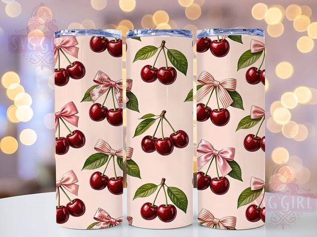 Cherry Pink Bow Seamless 20oz Tumbler, Pink Bow, Cherry Design, Seamless Pattern, Sublimation Wrap, 20oz Tumbler, Cute Aesthetic, Girly Charm Sublimation SvggirlplusArt 