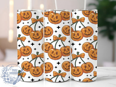 Cherry Pumpkin Stars 20oz Tumbler, Cherry Motif, Pumpkin Design, Star Pattern, Cute Aesthetic, Festive Style, Skinny Tumbler, Sublimation PNG Sublimation ToriDesigns 