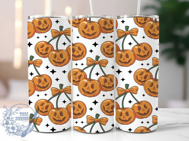 Cherry Pumpkin Stars 20oz Tumbler, Cherry Motif, Pumpkin Design, Star Pattern, Cute Aesthetic, Festive Style, Skinny Tumbler, Sublimation PNG Sublimation ToriDesigns 