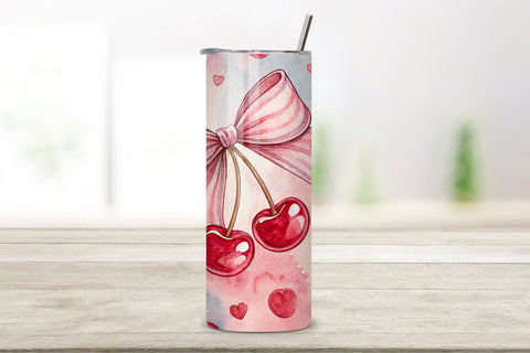 Cherry Tumbler Wrap, Cute Tumbler Design, Digital Tumbler Wrap, Heart Tumbler Wrap, Pink Bow Design, Cherry Pattern Wrap, Red Hearts Print Sublimation FloridPrintables 