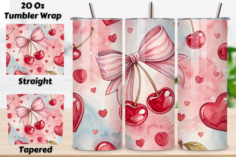 Cherry Tumbler Wrap, Cute Tumbler Design, Digital Tumbler Wrap, Heart Tumbler Wrap, Pink Bow Design, Cherry Pattern Wrap, Red Hearts Print Sublimation FloridPrintables 