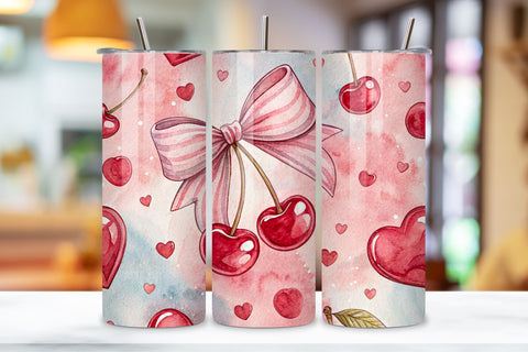 Cherry Tumbler Wrap, Cute Tumbler Design, Digital Tumbler Wrap, Heart Tumbler Wrap, Pink Bow Design, Cherry Pattern Wrap, Red Hearts Print Sublimation FloridPrintables 